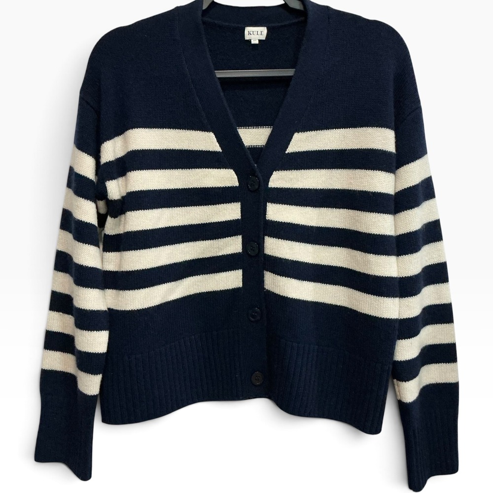 Kule The Raffa Cashmere Wool Striped Oversized V-Neck Cardigan Navy Sweater XS